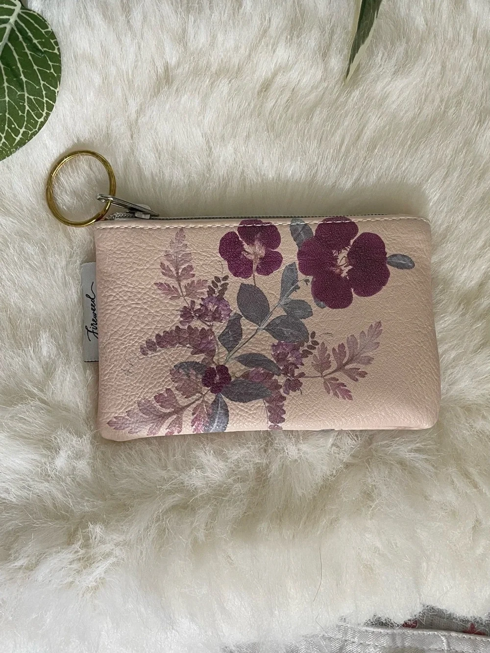 Floral Coin Purse Key Pouch Mini Wallet Pink Vegan Leather